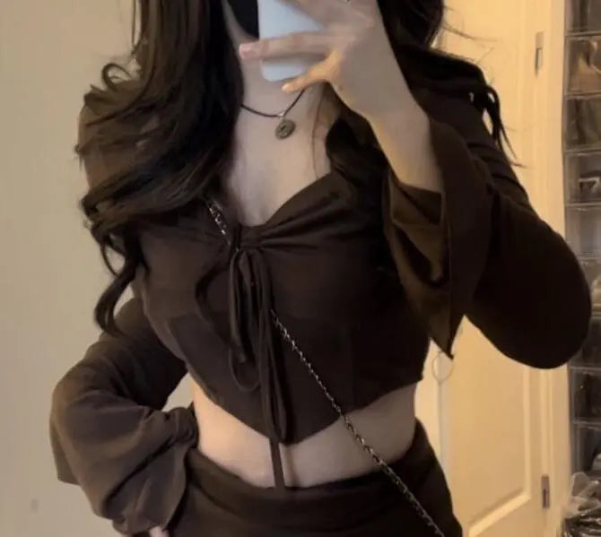 American Hot Girl Hem Irregular Long Sleeve Top And Skirt Suit hercurva