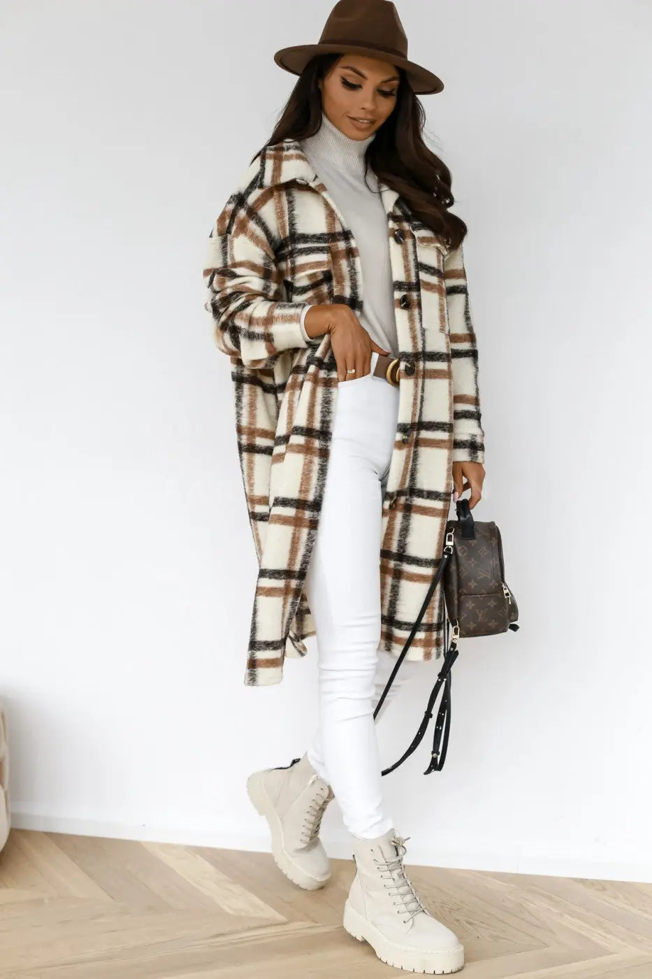 Button Lapel Casual Warm Plaid Long Woolen Coat hercurva