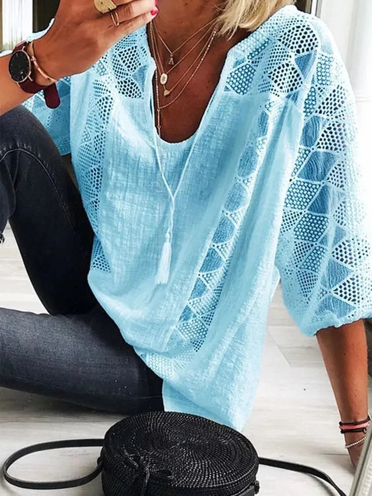 Lace Stitching U-neck 3 4 Sleeve T-shirt hercurva