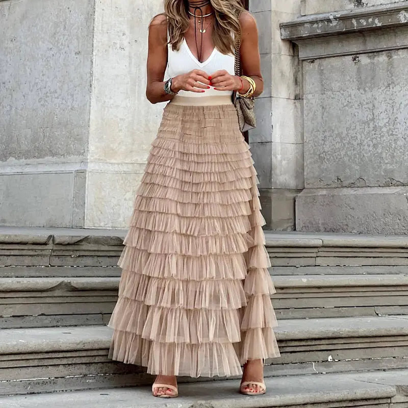 Layered Ruffles Cake Skirt Summer Fashion A Line Swing Mesh Long Skirt Party Dress Women hercurva
