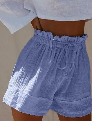 Solid Color Loose Pleated Elastic Belt High Waist Cotton And Linen Boho Shorts Hot Pants hercurva