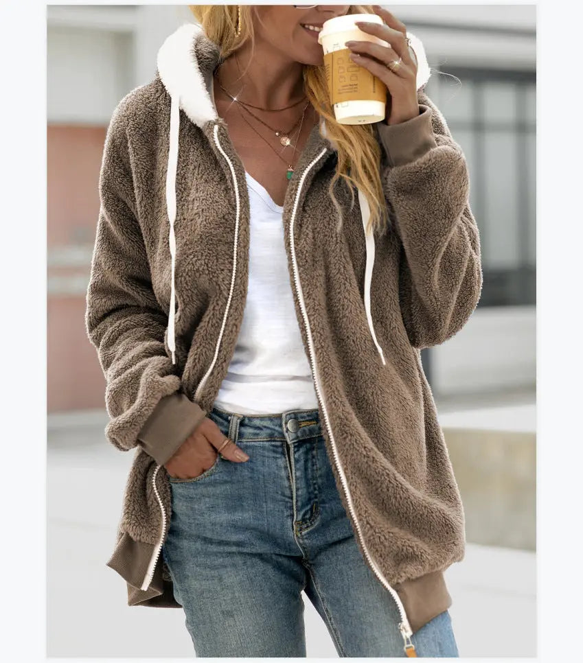 Women's Loose Plush Zipper Hooded Jacket hercurva