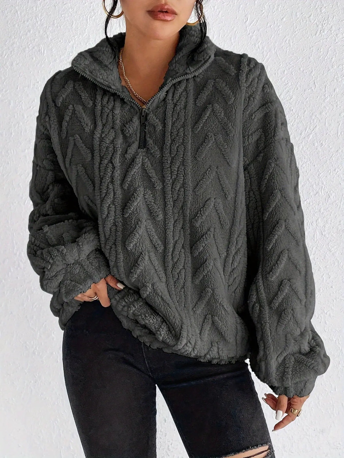 Double-sided Plush Latte Art Casual Zipper Pullover Top hercurva