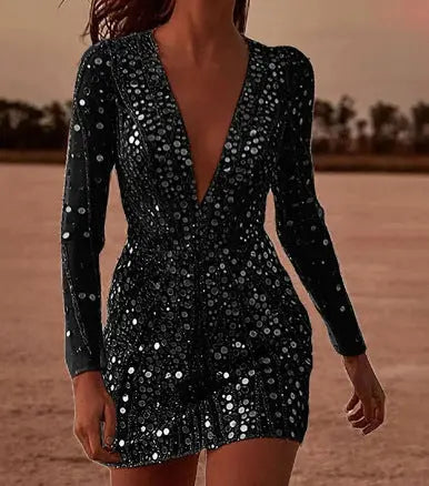 Deep V long sleeve sequin dress hercurva