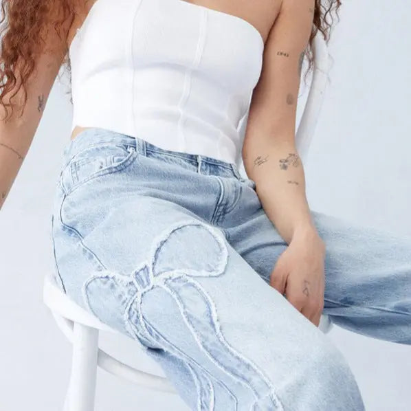 Women's Straight Trousers Embroidered Side Frayed Butterfly Jeans Street Design Hot Girl Baggy Pants hercurva