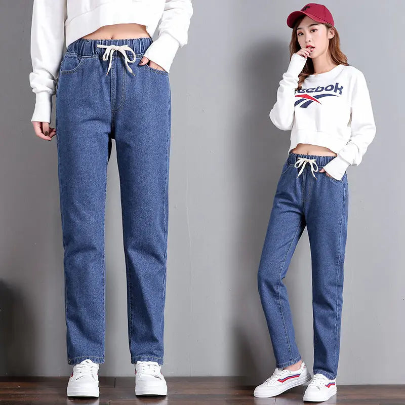 Straight Casual Elastic Waist Lace-up High-waist Jeans Women's Loose Pants hercurva