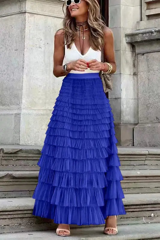 Layered Ruffles Cake Skirt Summer Fashion A Line Swing Mesh Long Skirt Party Dress Women hercurva