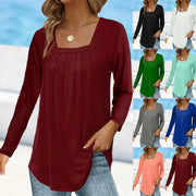 Women's Pleated Square Collar Long Sleeve Imitation Cotton Large Size T-shirt hercurva