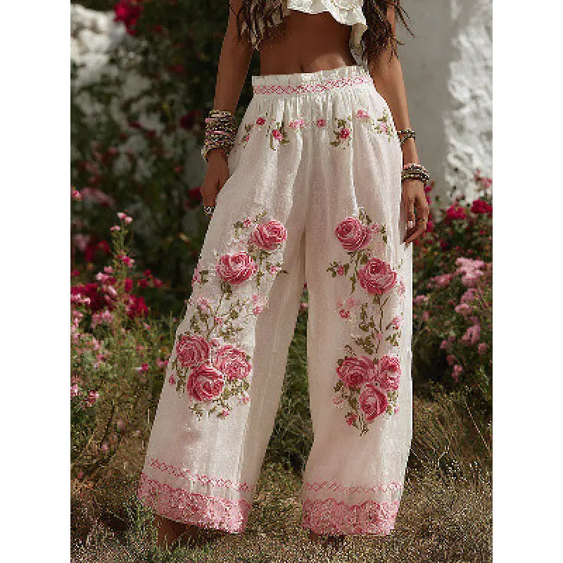 3D Floral Print Pattern Elegant Straight Women's Trousers hercurva