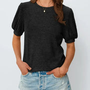 Spring Summer Crew-Neck Solid-Color Elastic-Cuff Short-Sleeve Top hercurva