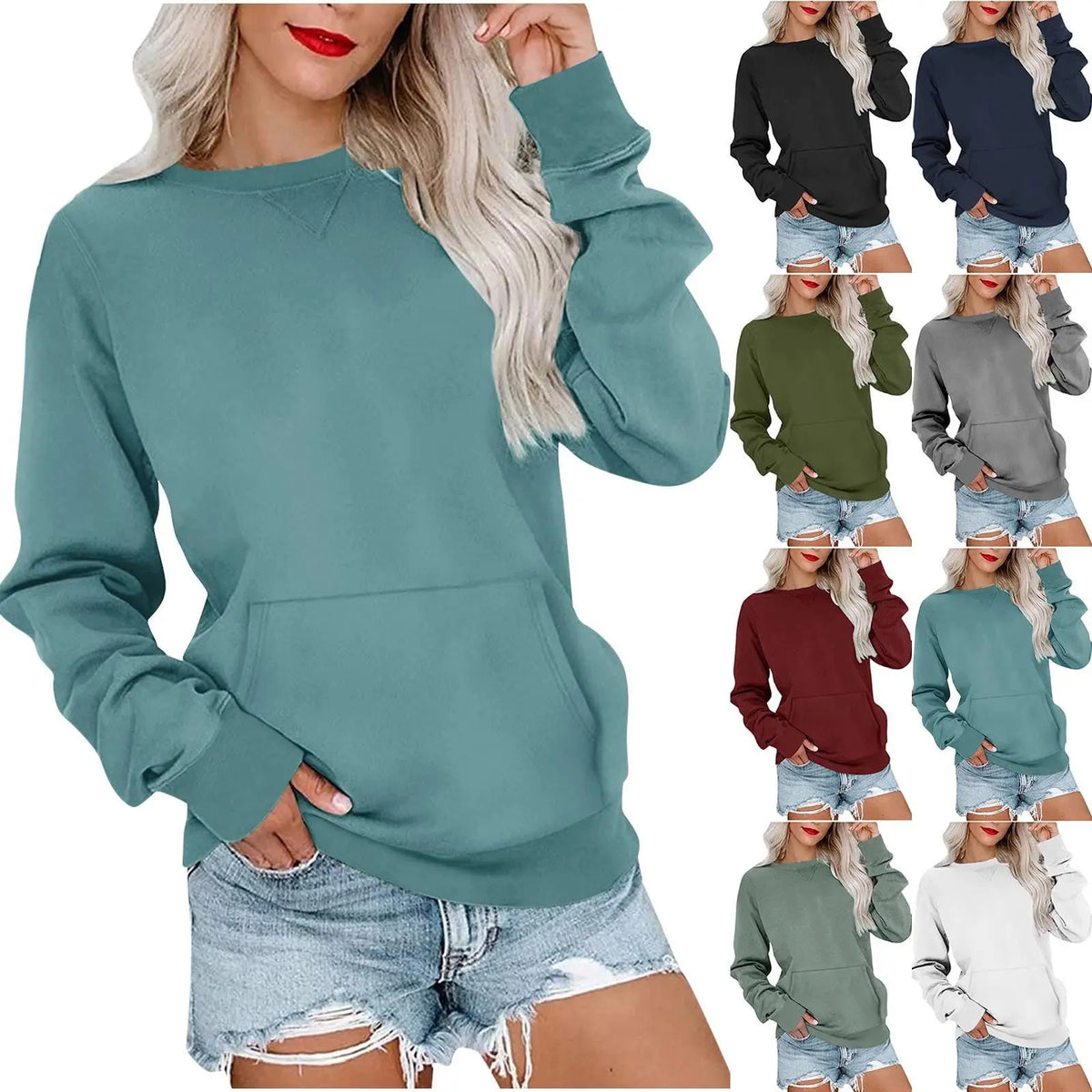 Solid Color Pullover Sweatshirt With Pocket Fashion Loose Round Neck Long Sleeves Top Womens Clothing hercurva