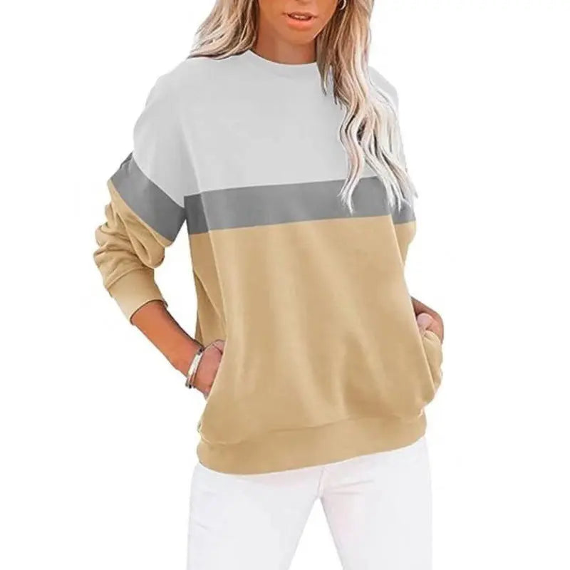 Women's Long Sleeve Color Matching Sports Sweater Round Neck Casual Pullover hercurva