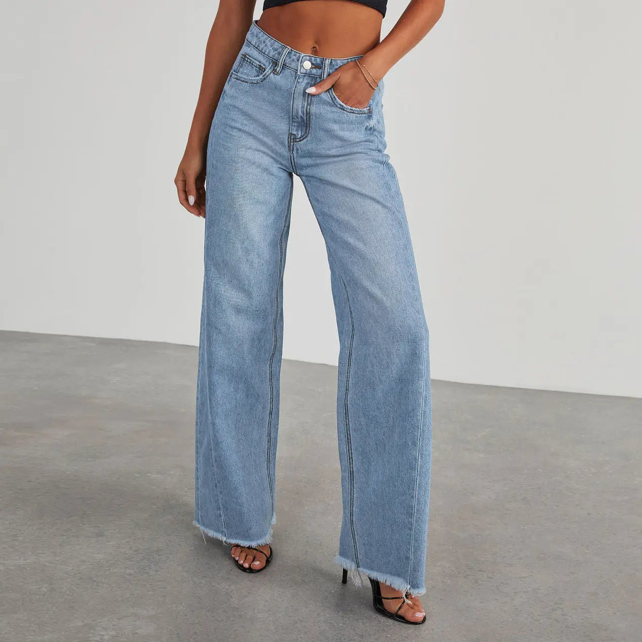 Fashion High Waist Jeans With Pockets Comfortable Slim Fit Straight Wide-leg Pants Womens Clothing hercurva