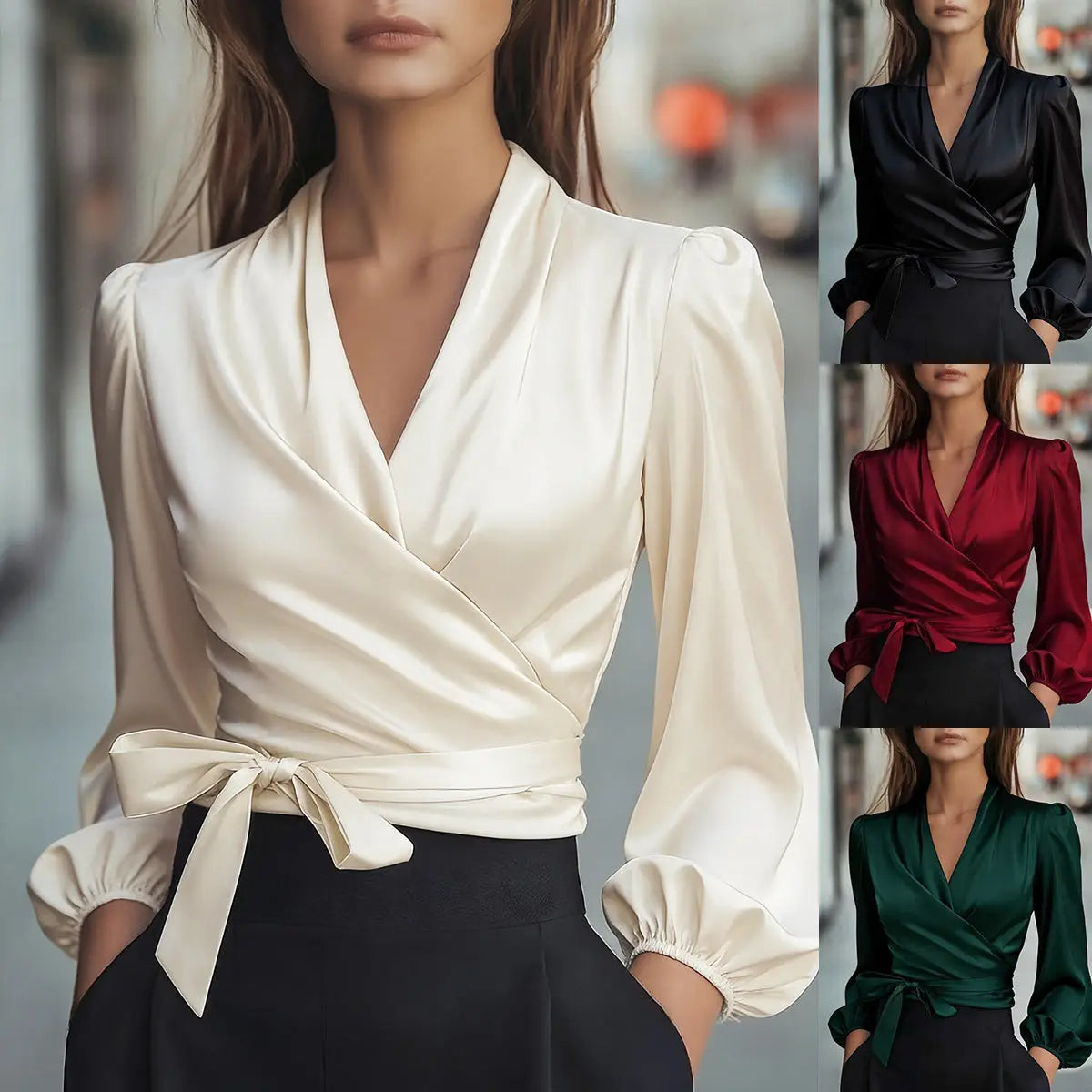 Womens Solid-Color V-Neck Elegant Satin-Bonded Shirt hercurva