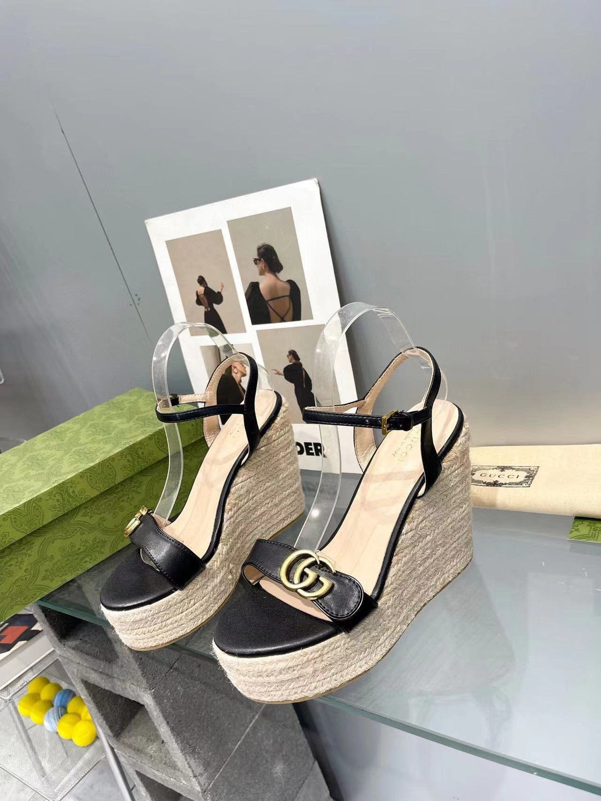 gg marmont sandal 140mm espadrilles black leather