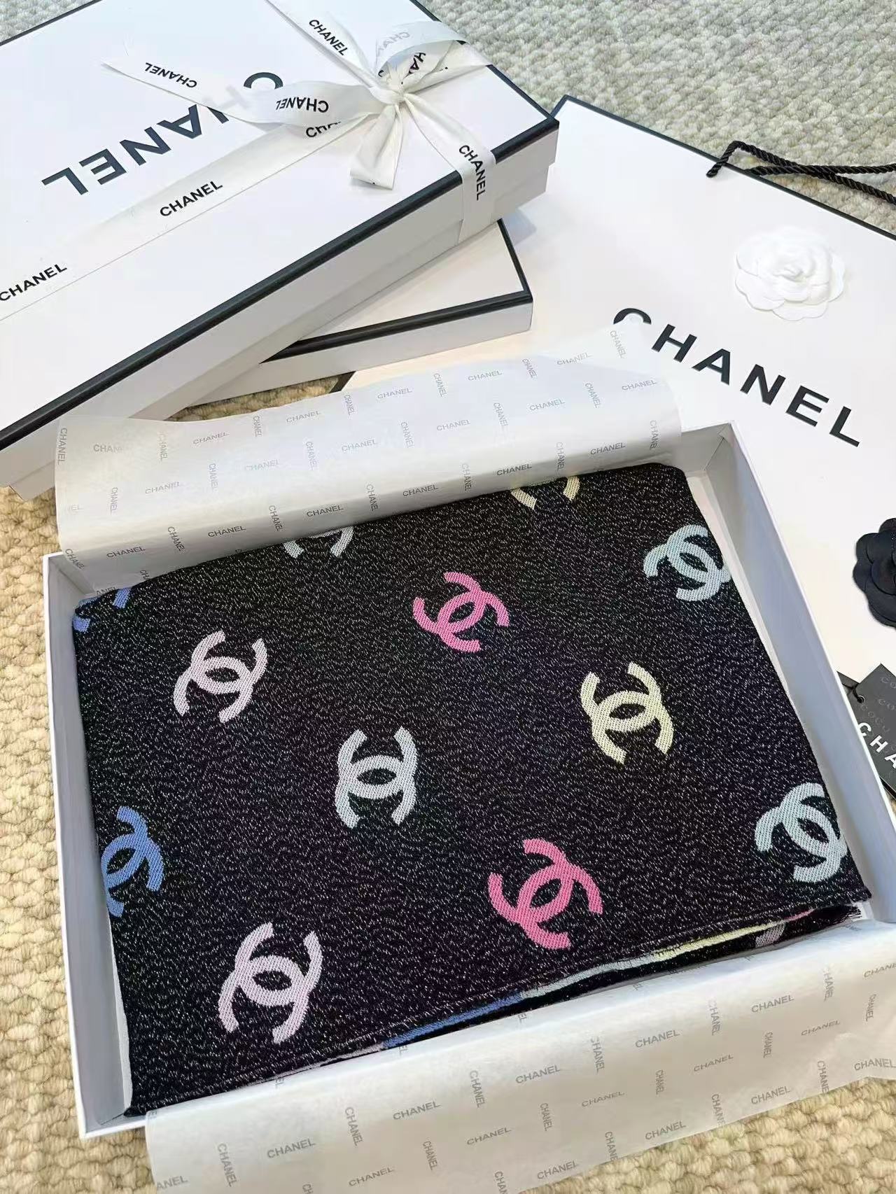 CC Black And Multicolor Scarf 185cm Lamb Wool