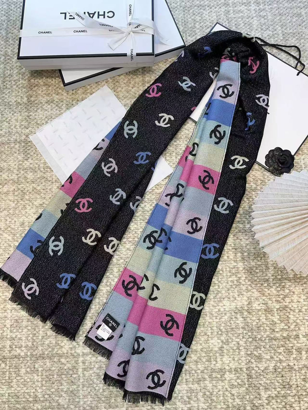 CC Black And Multicolor Scarf 185cm Lamb Wool