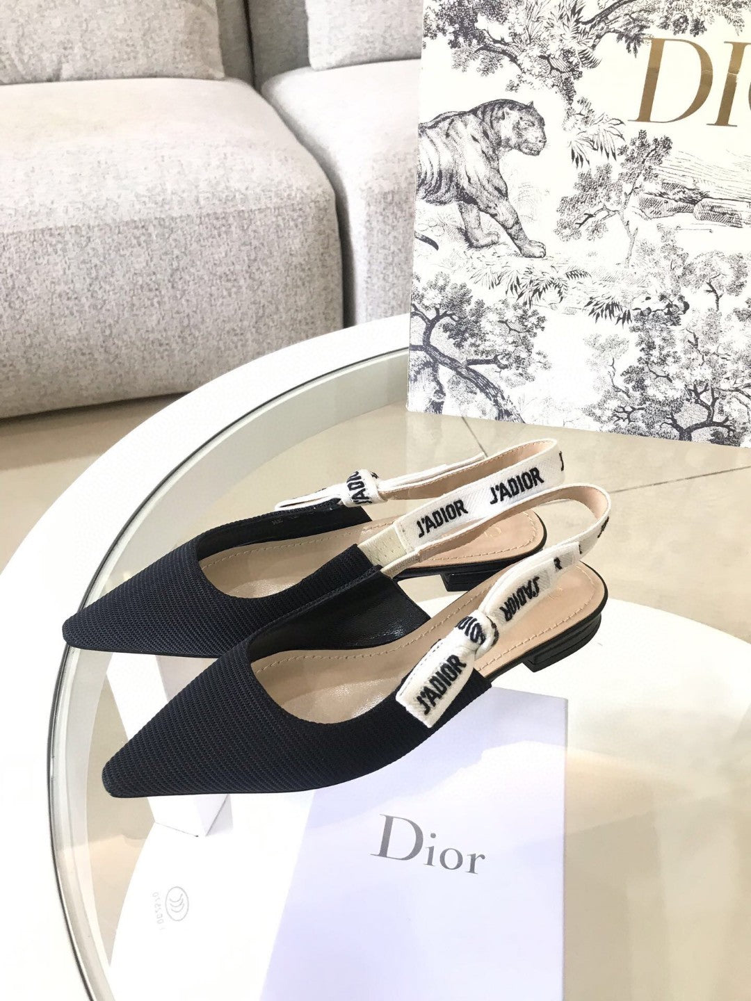 CD Slingback Pump Black Technical Fabric Beige Calfskin