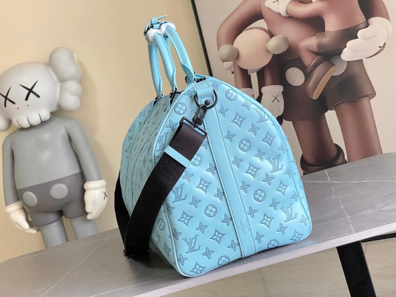 LV  Keepall Bandouliere 50 Travel Bag  Light Blue Monogram Calfskin