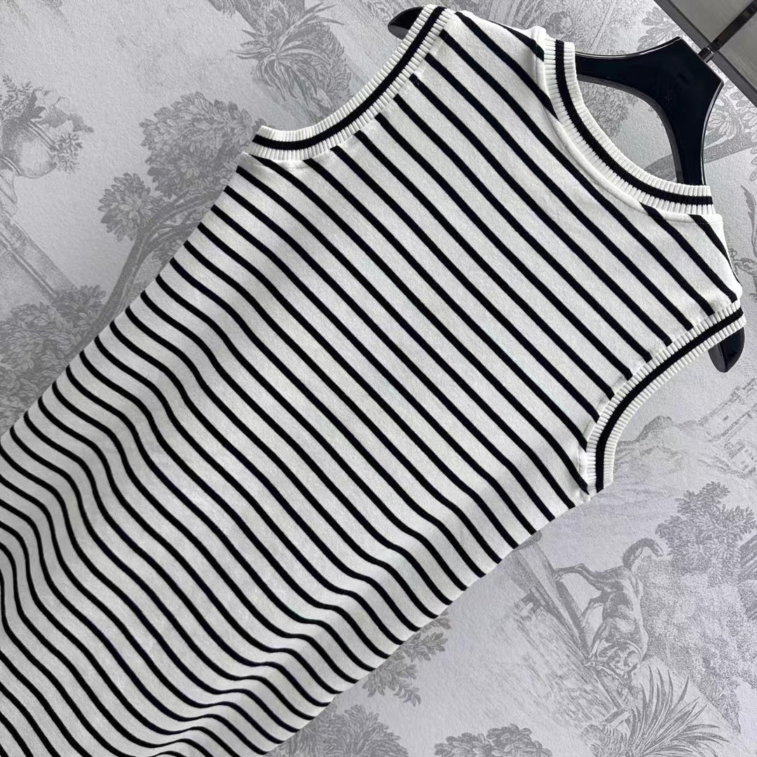 Triomphe Striped Mini Dress Black White Crocheted Cotton