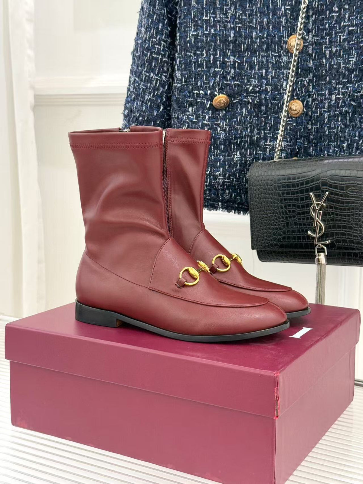 GG 2025 Jordaan Ankle Boot Burgundy mix Black Calfskin