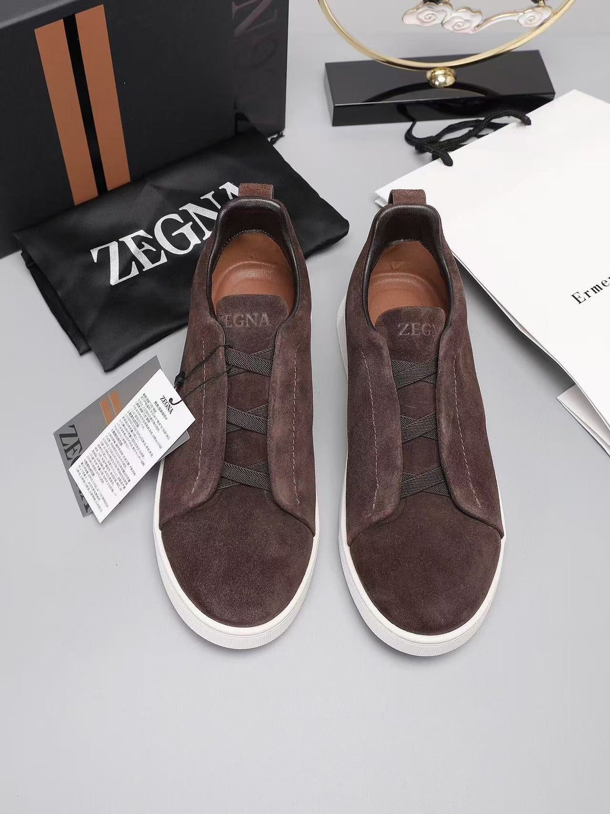 Zegna Triple Stitch Slip-on Sneaker Dark Brown Suede