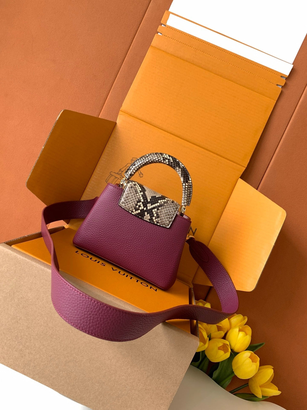 LV 2026 Burgundy Taurillon Leather And Python Mini Capucines Bag