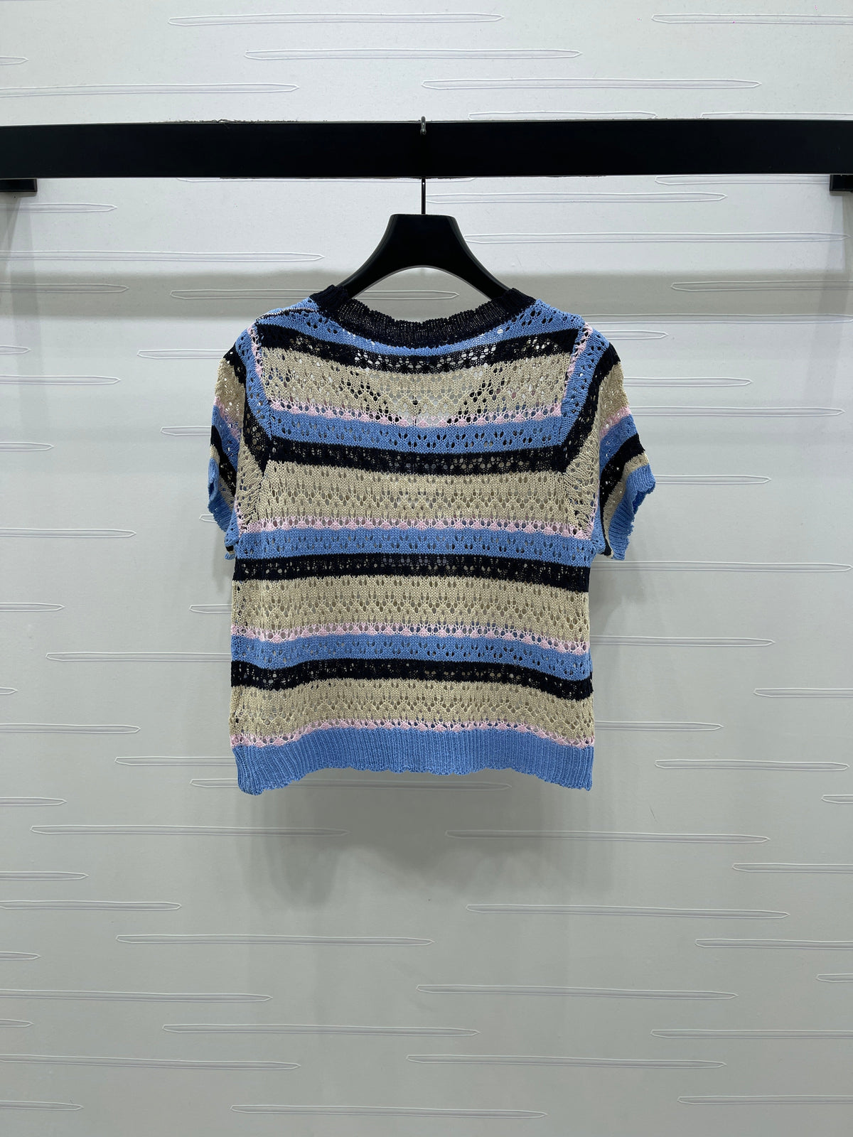 Chanel 2026 Hollow Out Knit Top Blue Beige Black Cotton
