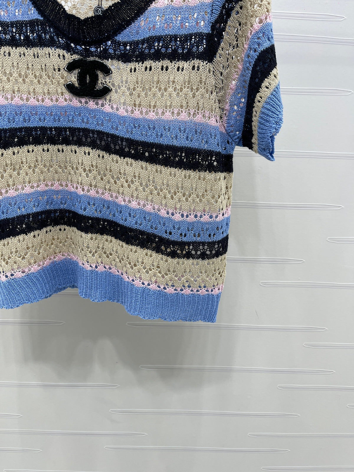 Chanel 2026 Hollow Out Knit Top Blue Beige Black Cotton