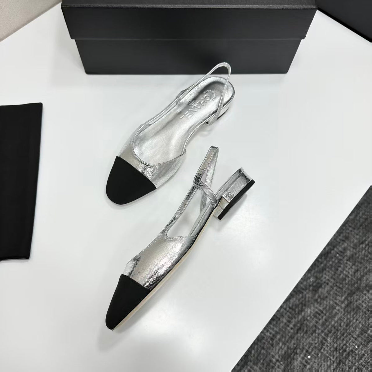Chanel 2026 Black Toe Slingback 15mm Metallic Lambskin
