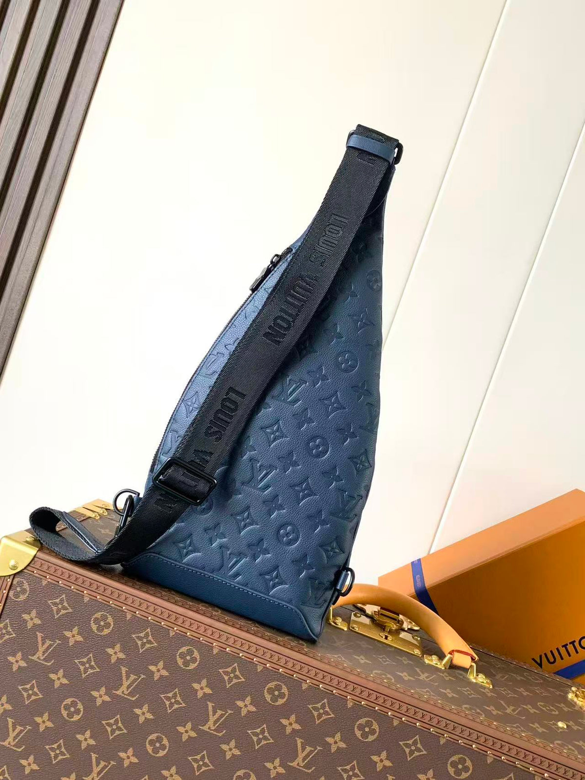 Louis Vuitton 2026 Duo Slingbag Navy Blue Monogram Shadow Embossed Calf Leather