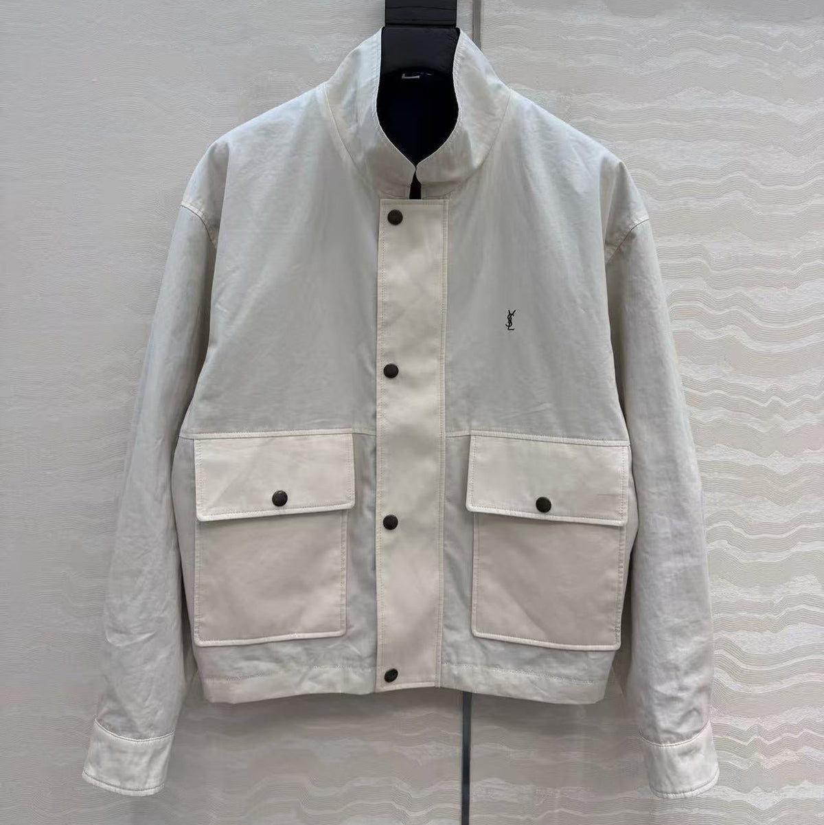 YSL 2026 Cassandre Reversible Jacket White Mix Navy Blue Cotton