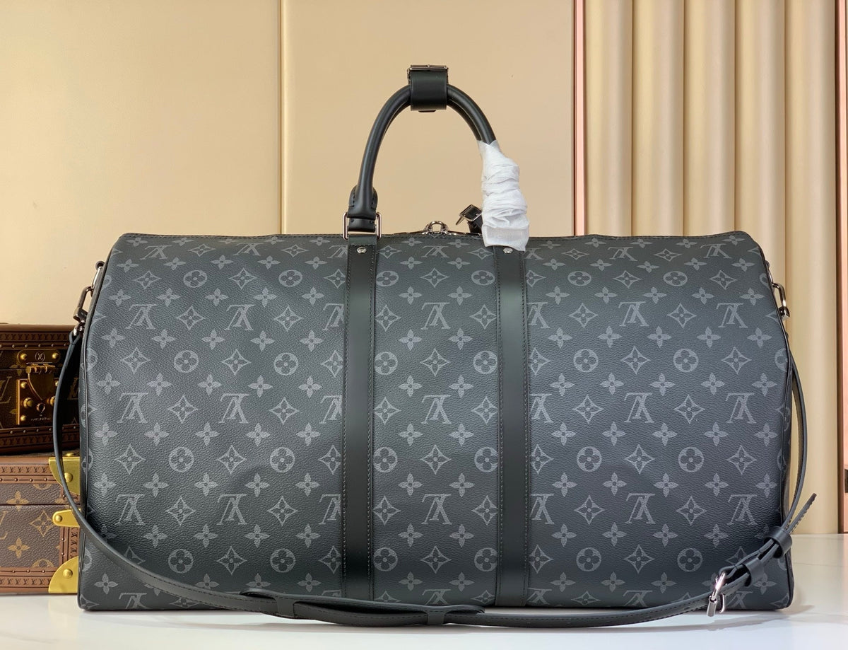 LV 2026 Keepall Bandouliere 55cm Bag Grey Monogram Eclipse Canvas And Cowhide