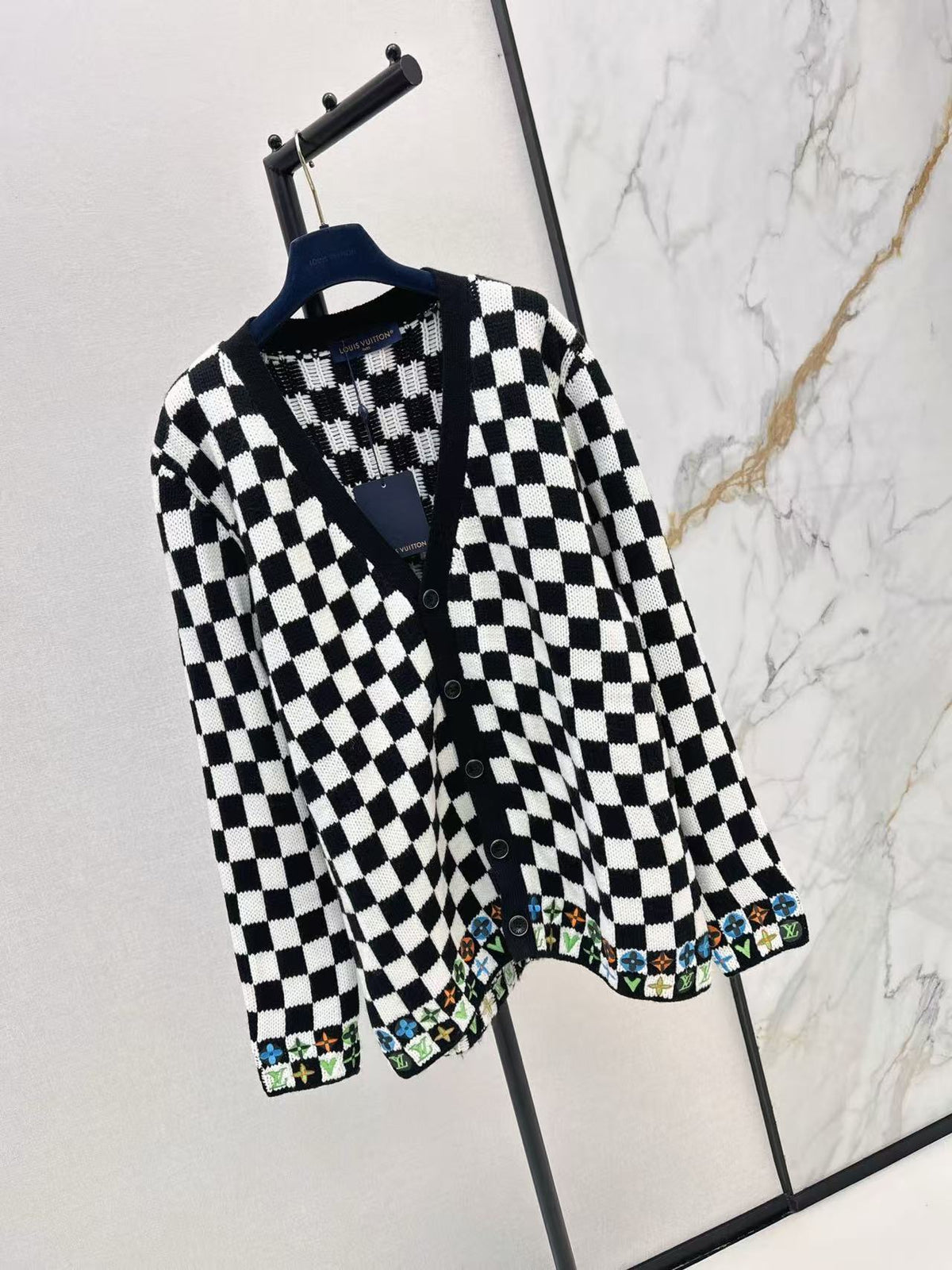 LV 2026 V-neck Knitted Cardigan Black White Wool