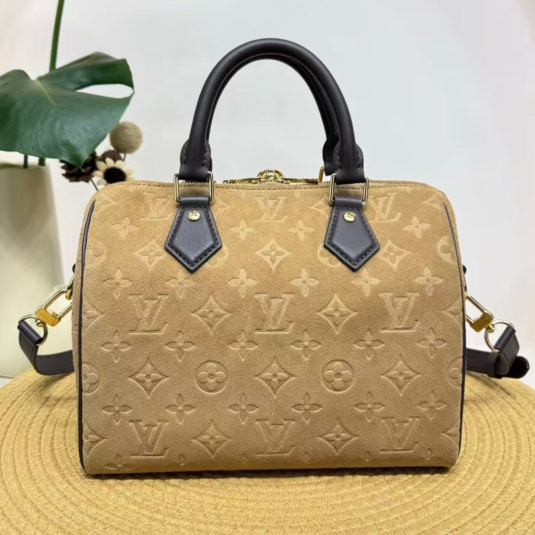 LV 2026 Speedy Bandouliere 25 Bag Beige Suede Leather