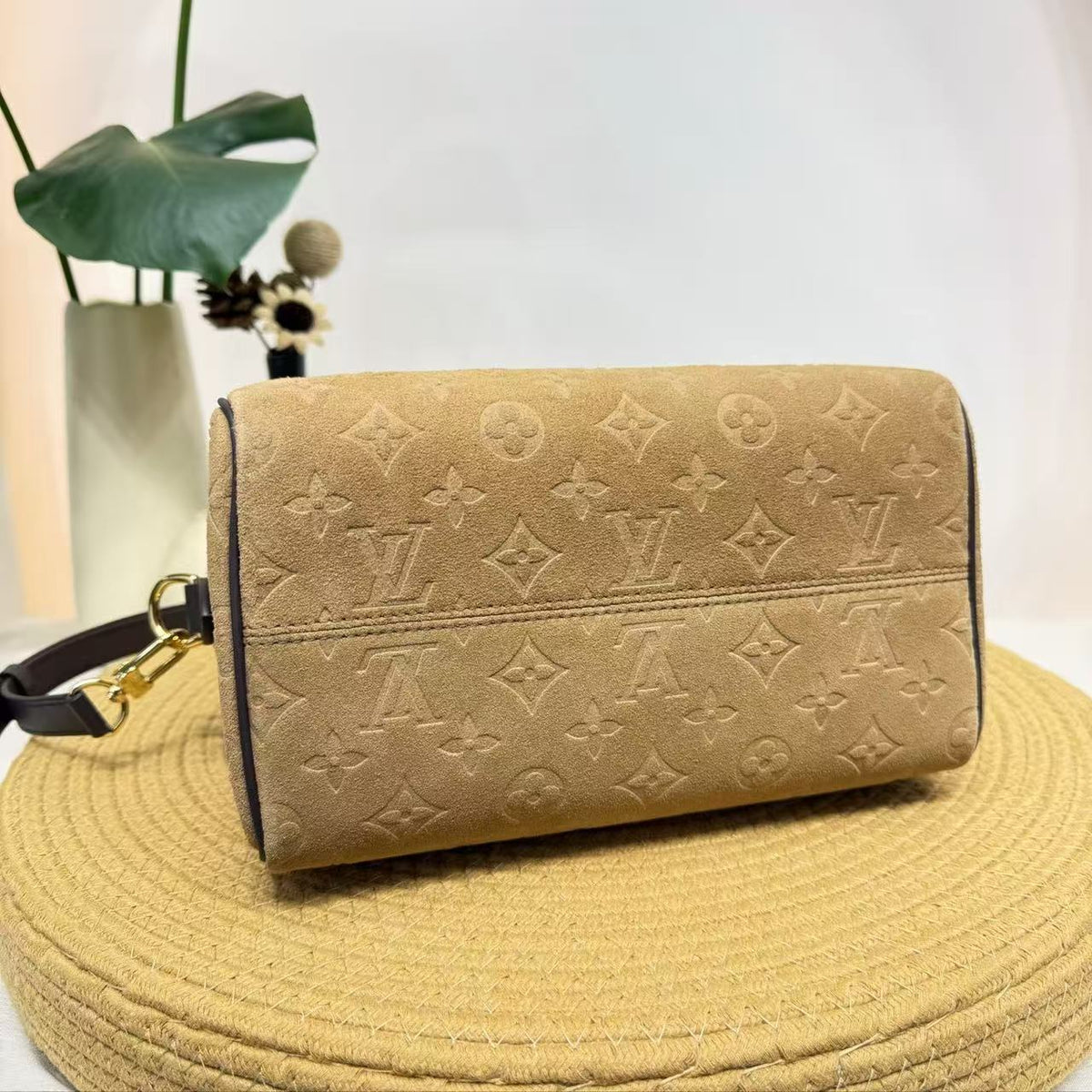 LV 2026 Speedy Bandouliere 25 Bag Beige Suede Leather
