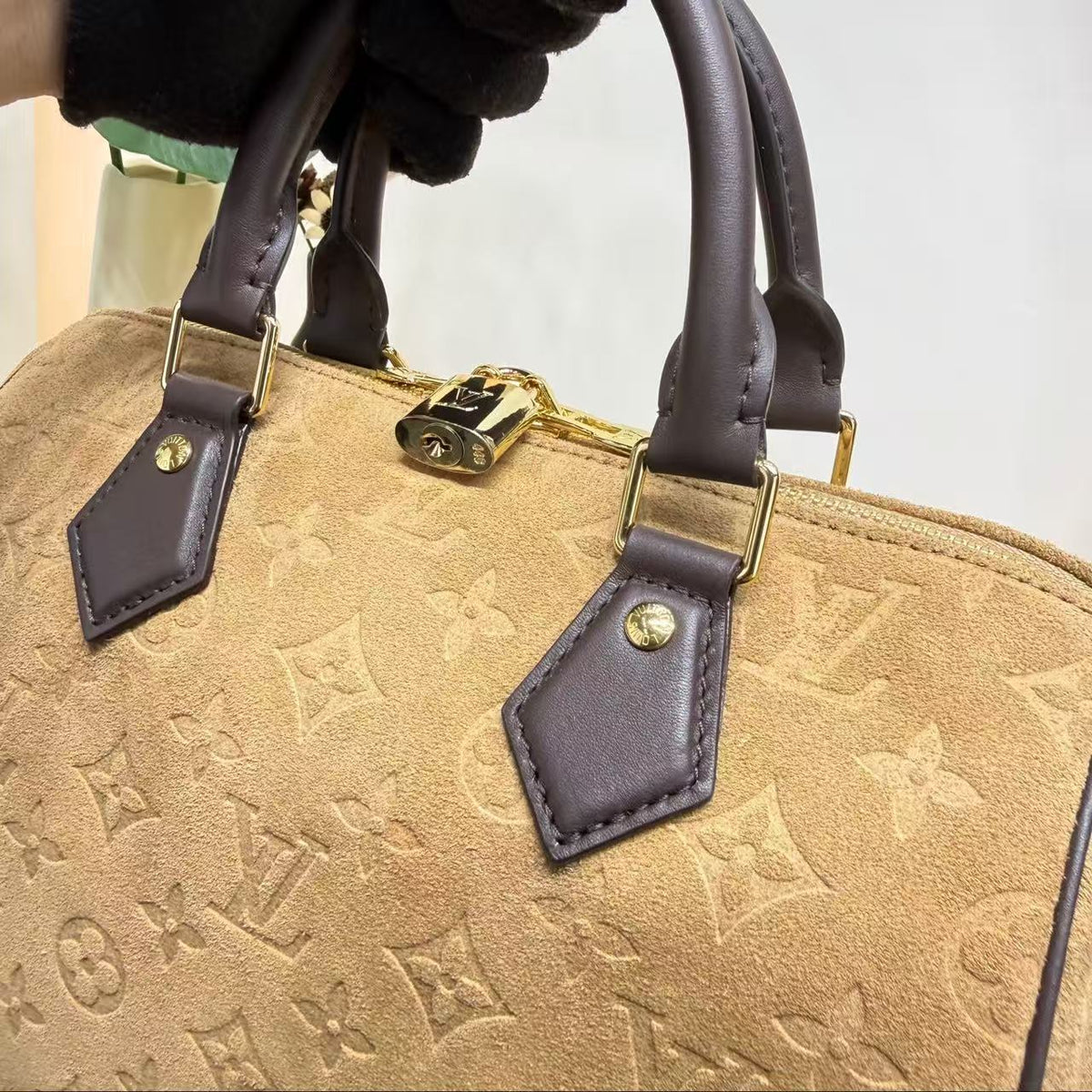 LV 2026 Speedy Bandouliere 25 Bag Beige Suede Leather