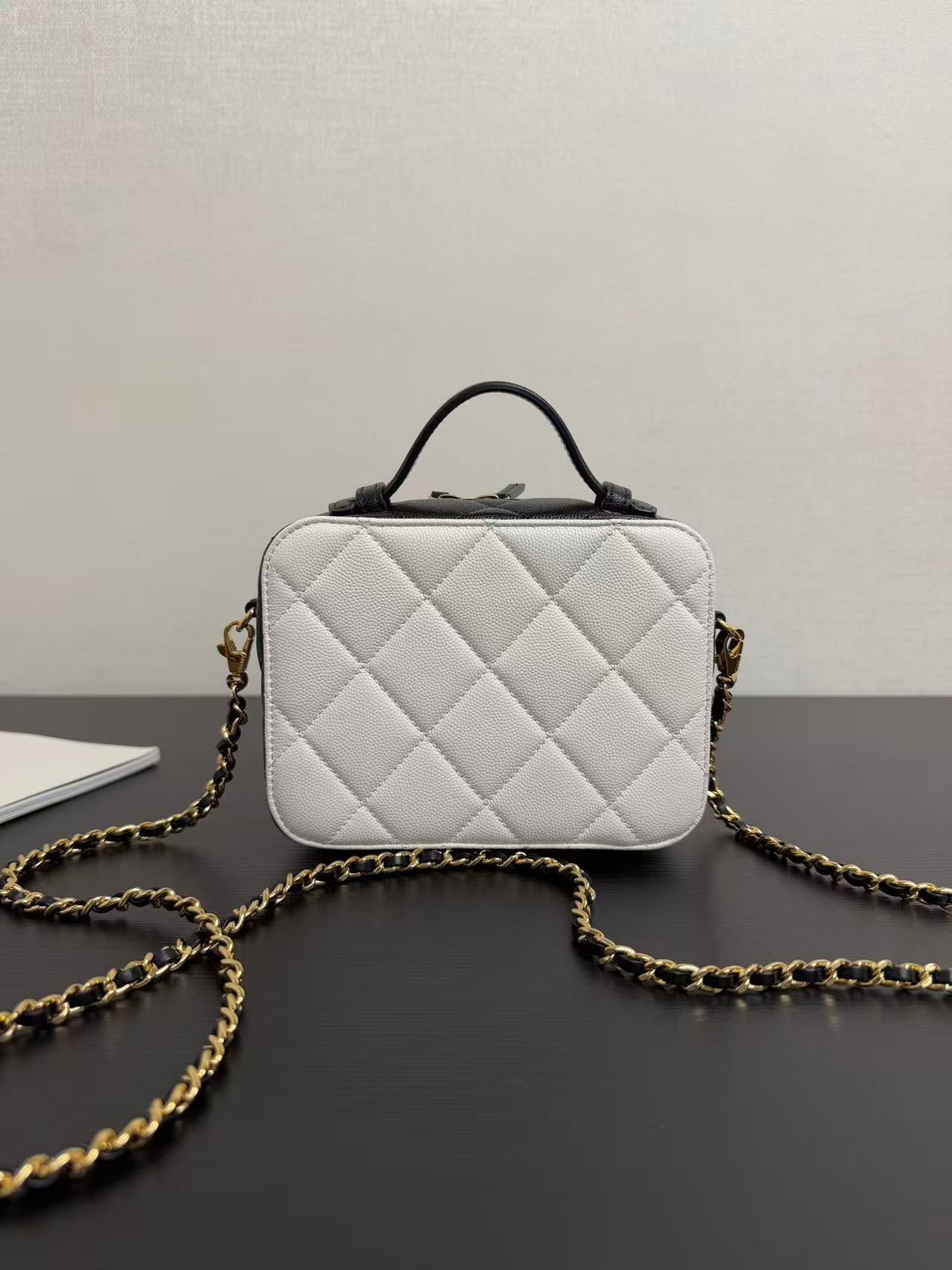 Chanel 2026 Vanity Case 21cm White Black Caviar Leather