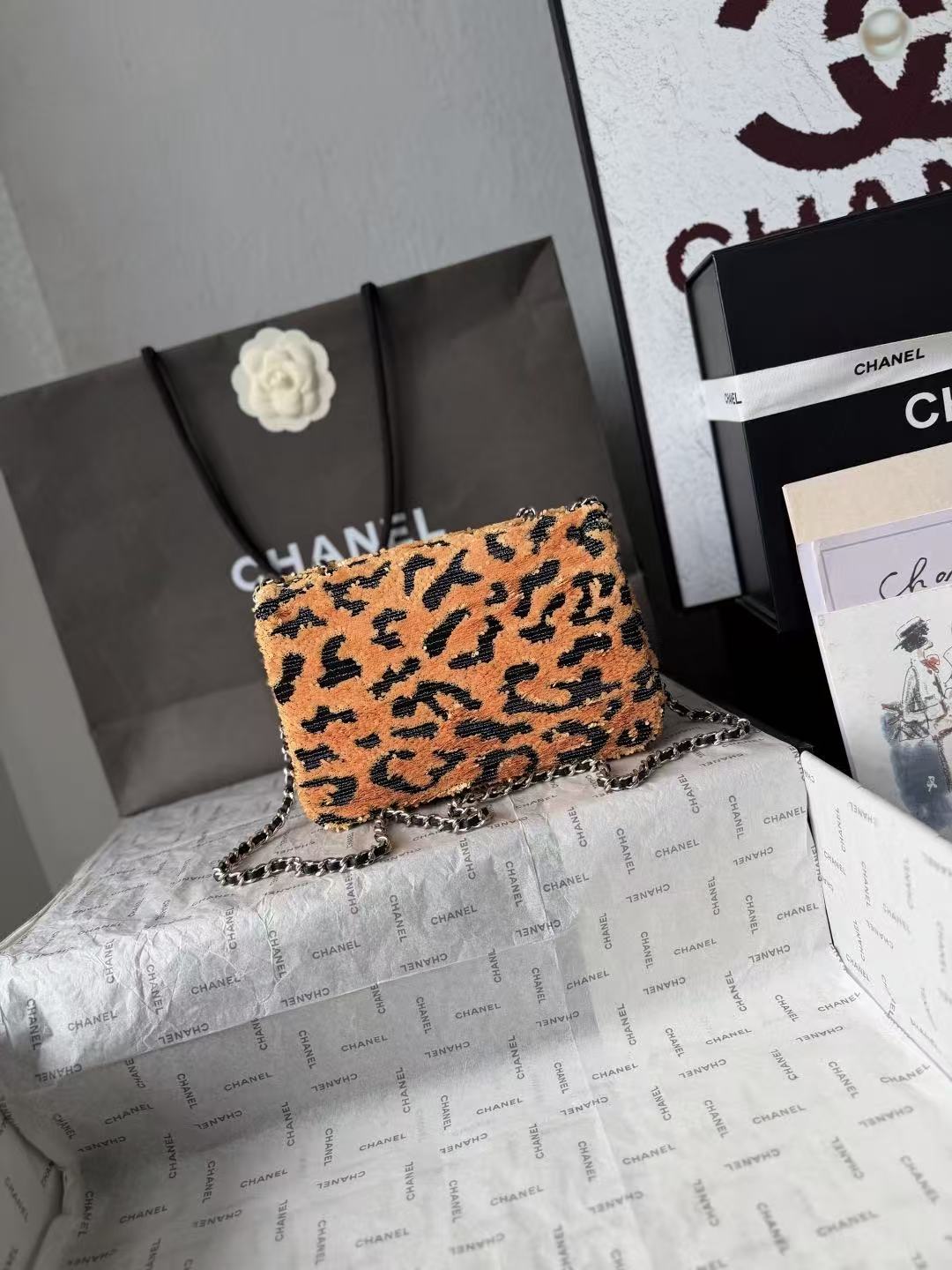 Chanel 2026 Flap Bag 21cm Leopard Sequin Leather