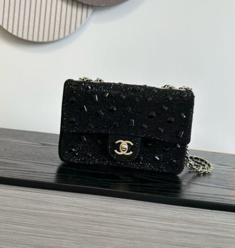 Chanel 2026 Bag 21cm Black And Silver Strass Leather