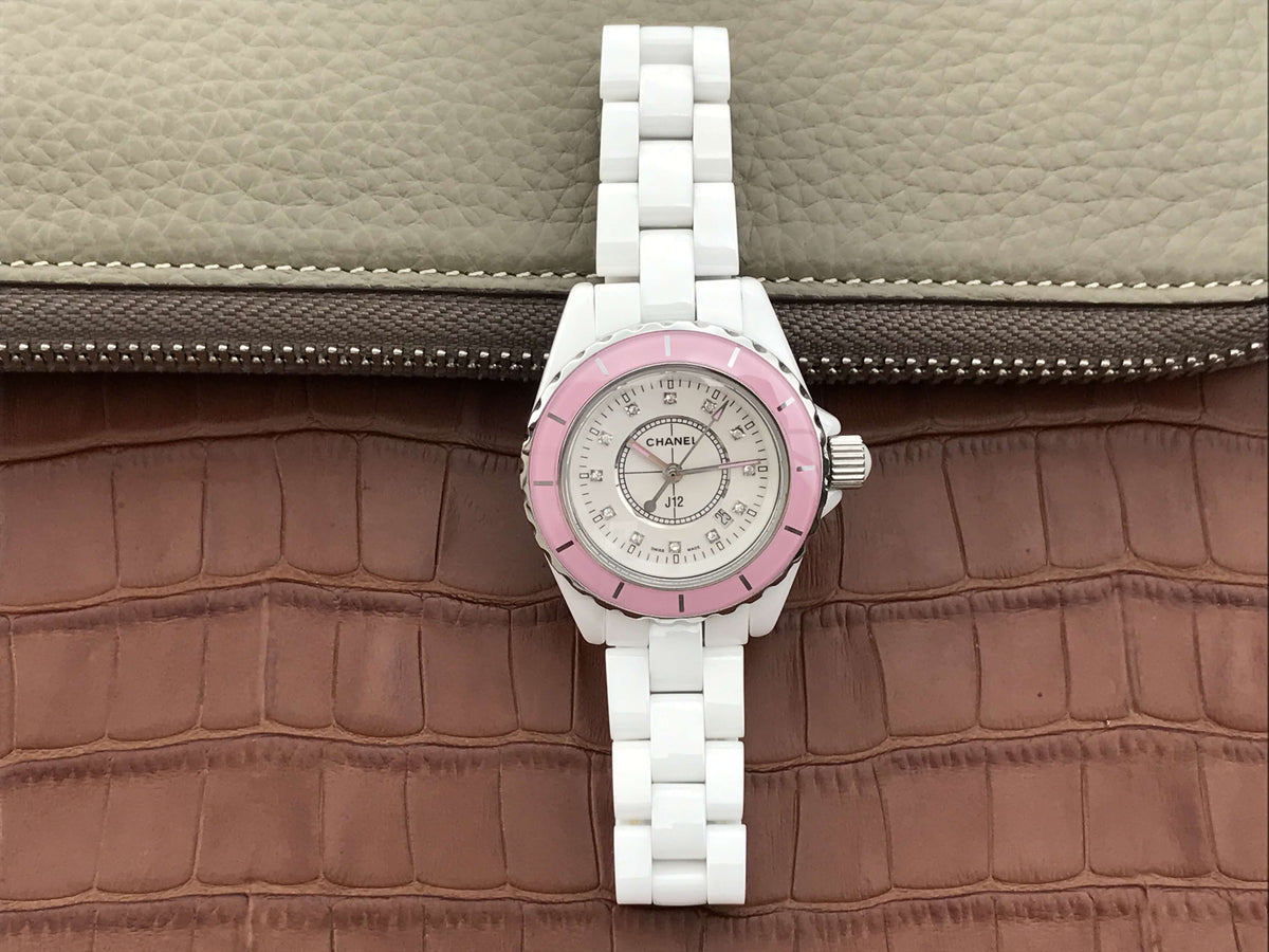 J12 PINK BEZEL WHITE DIAL DIAMOND NUMERALS 33MM