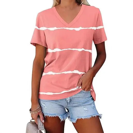Casual Top Fashion Trend Stripes Short Sleeve Women V-neck hercurva