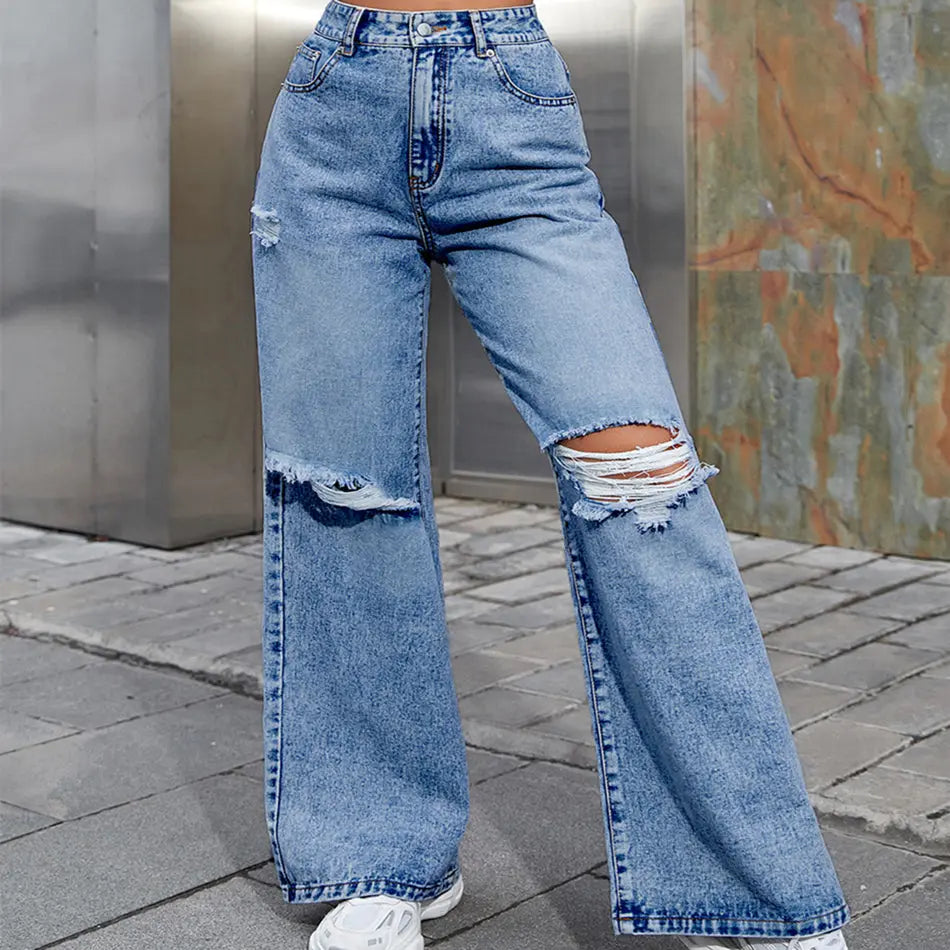 Women's Fashion Holes High Waist Casual Denim Trousers hercurva