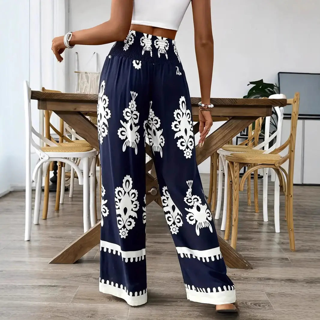 Women's 3D Pattern Lace-up Casual High Waist Print Wide-leg Pants hercurva