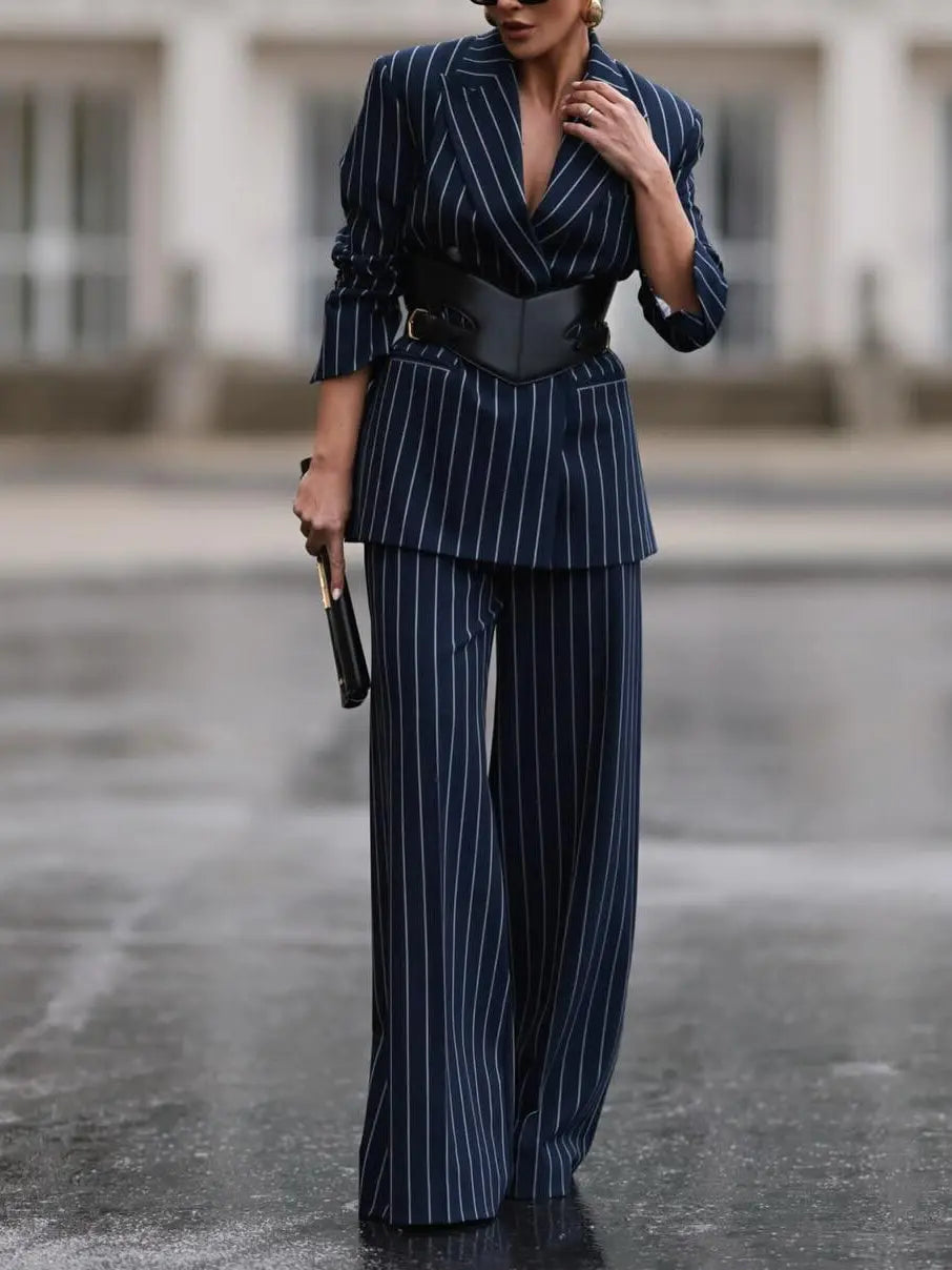 Elegant Striped Blazer & High Waist Pants Set hercurva