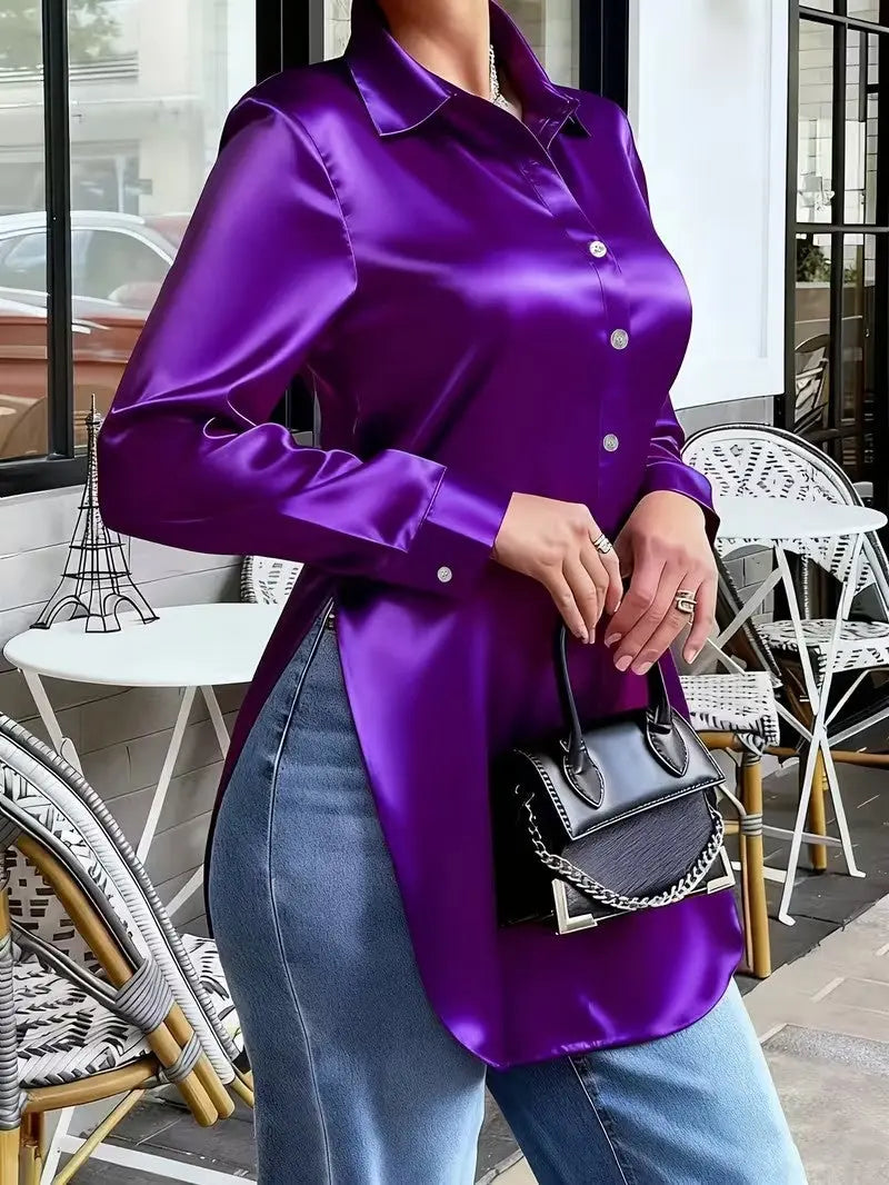 Womens Solid-Color Irregular-Hem Long-Sleeve Satin Shirt hercurva