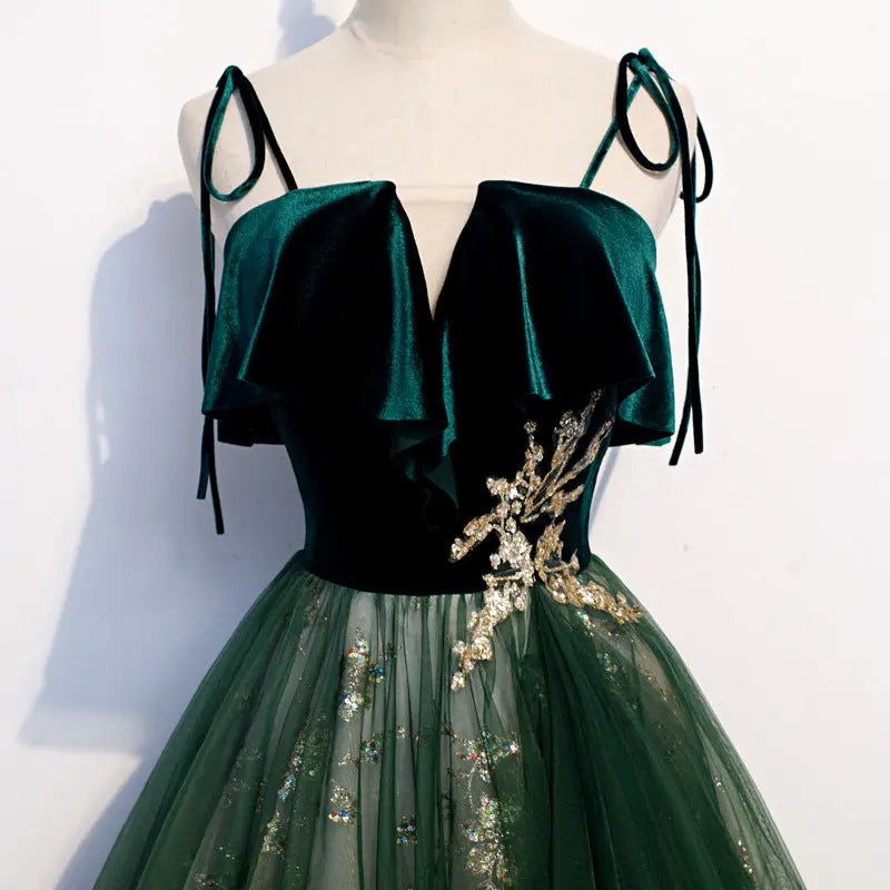 Banquet Sling Temperament Long Dress Dark Green Fantasy Mori hercurva