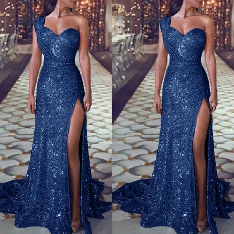Women's Clothing One-shoulder Sleeveless Bronzing Split Dress hercurva