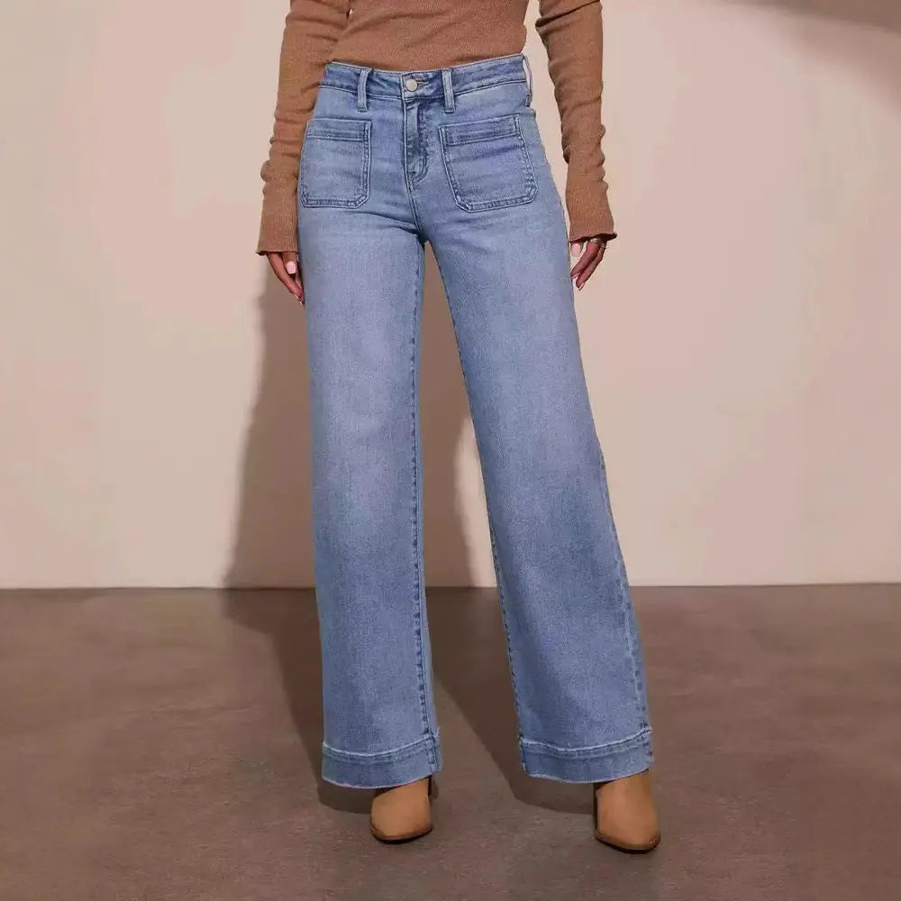 Cropped Style Wide Leg Women's Clothing Oversized Jeans, Shade Blue hercurva