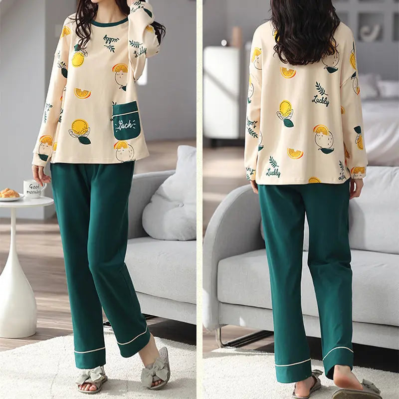 Loose Print Pajamas Women Autumn Winter Pyjama Set Long Sleeves And Trousers Elegant Sleepwear Girl Loungewear Home Clothes hercurva